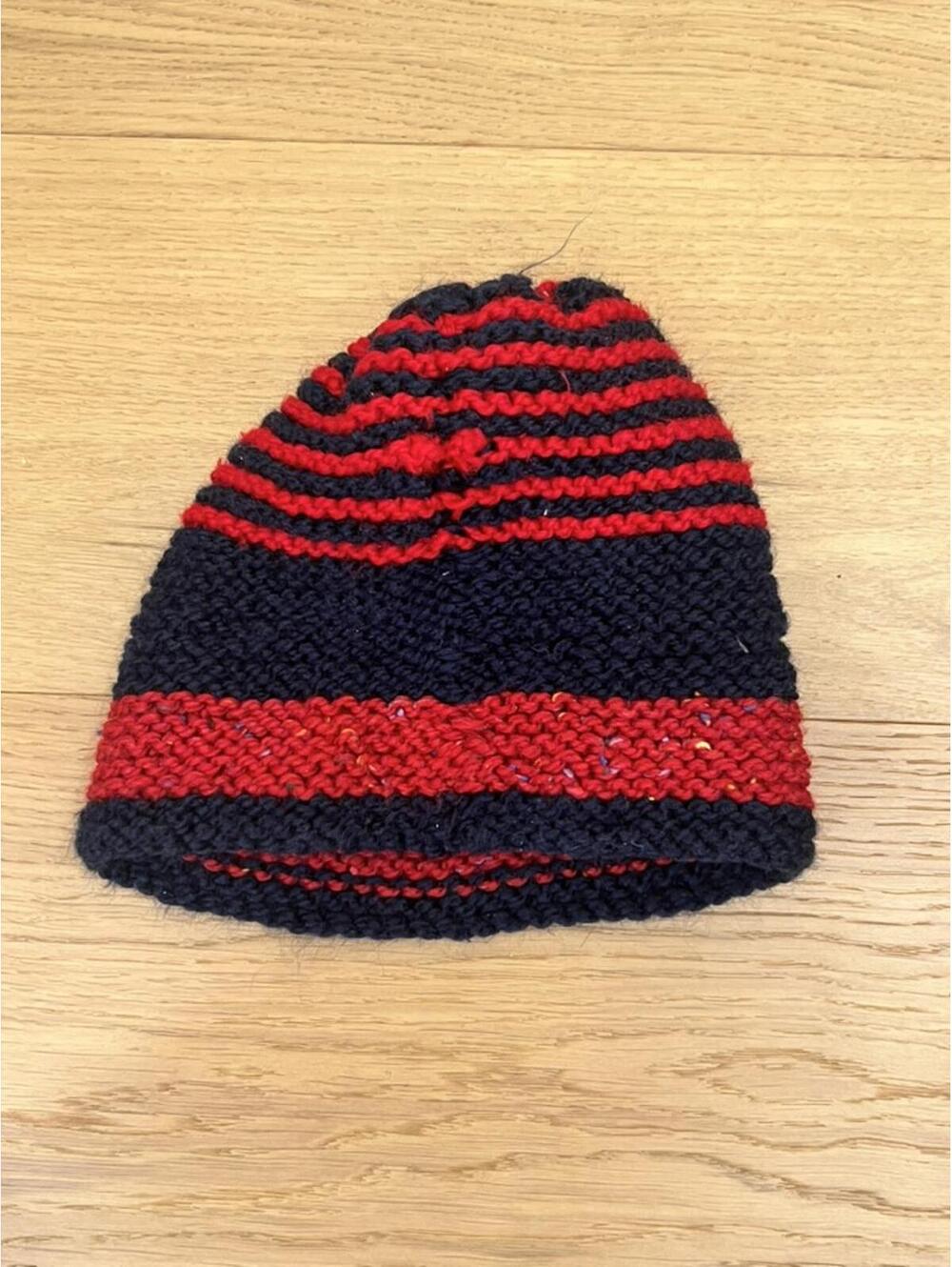 Hand-Knitted Navy & Red Toque – Baby 12–24 Months